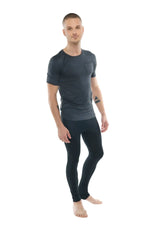 Dark gray charcoal heather short-sleeved athletic tee with subtle textured fabric and small chest pocket