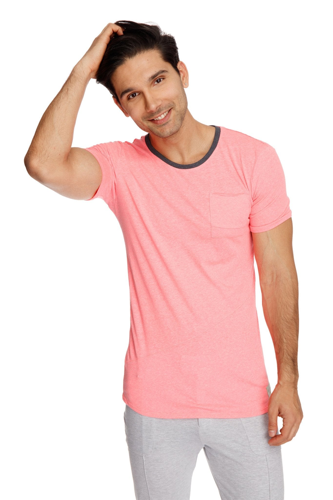 Pink coral slub short-sleeved perfect pocket crew-neck tee with black ribbed collar and chest pocket
