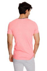 Perfect pocket crew-neck tee coral slub in solid coral pink with subtle dark gray trim on neckline and sleeves