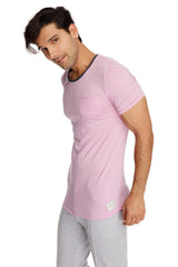 A soft pink perfect pocket crew neck tee with black ribbed neckline and chest pocket in iris slub material