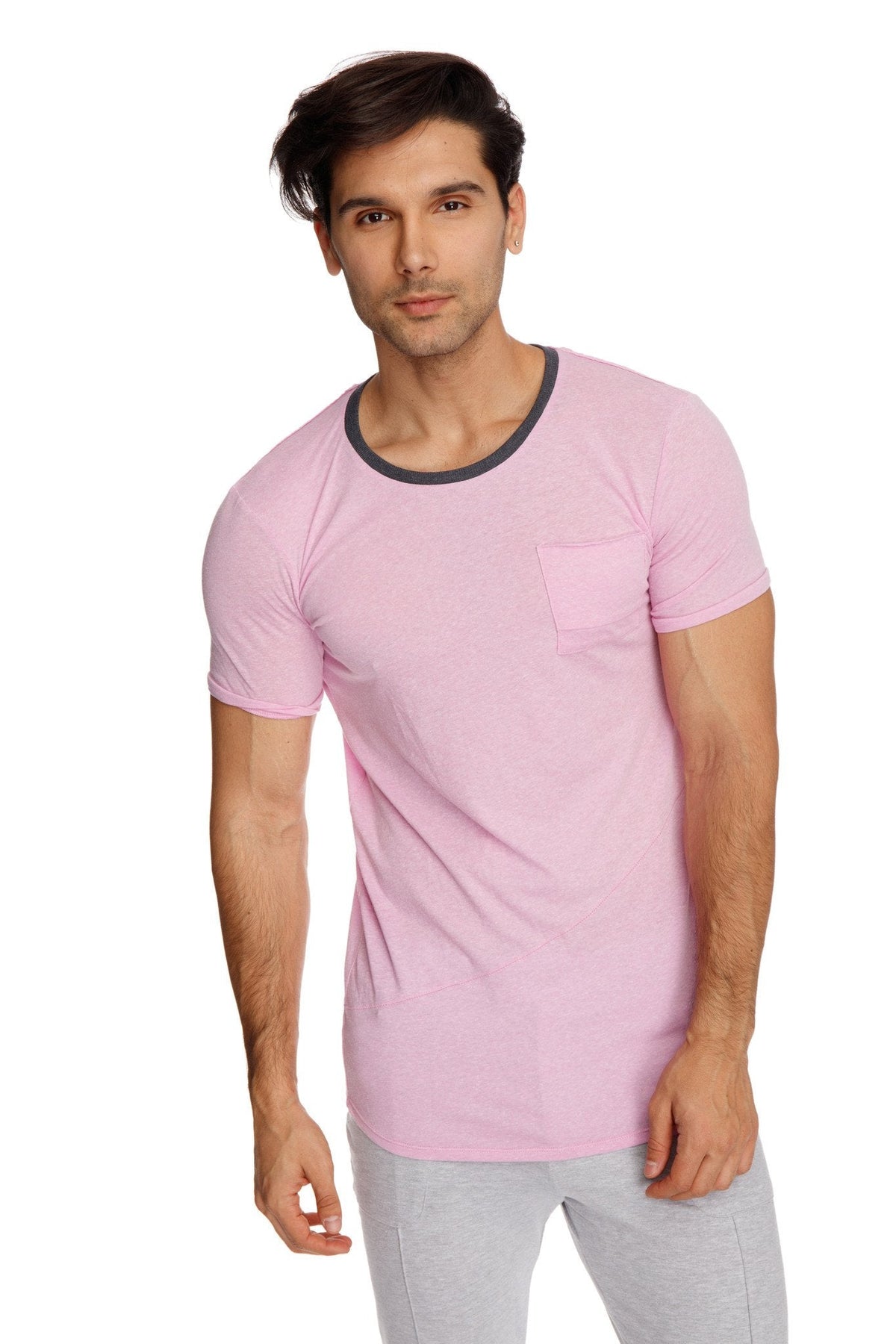 Pink perfect pocket crew neck tee with dark gray ribbed collar and single chest pocket in iris slub fabric