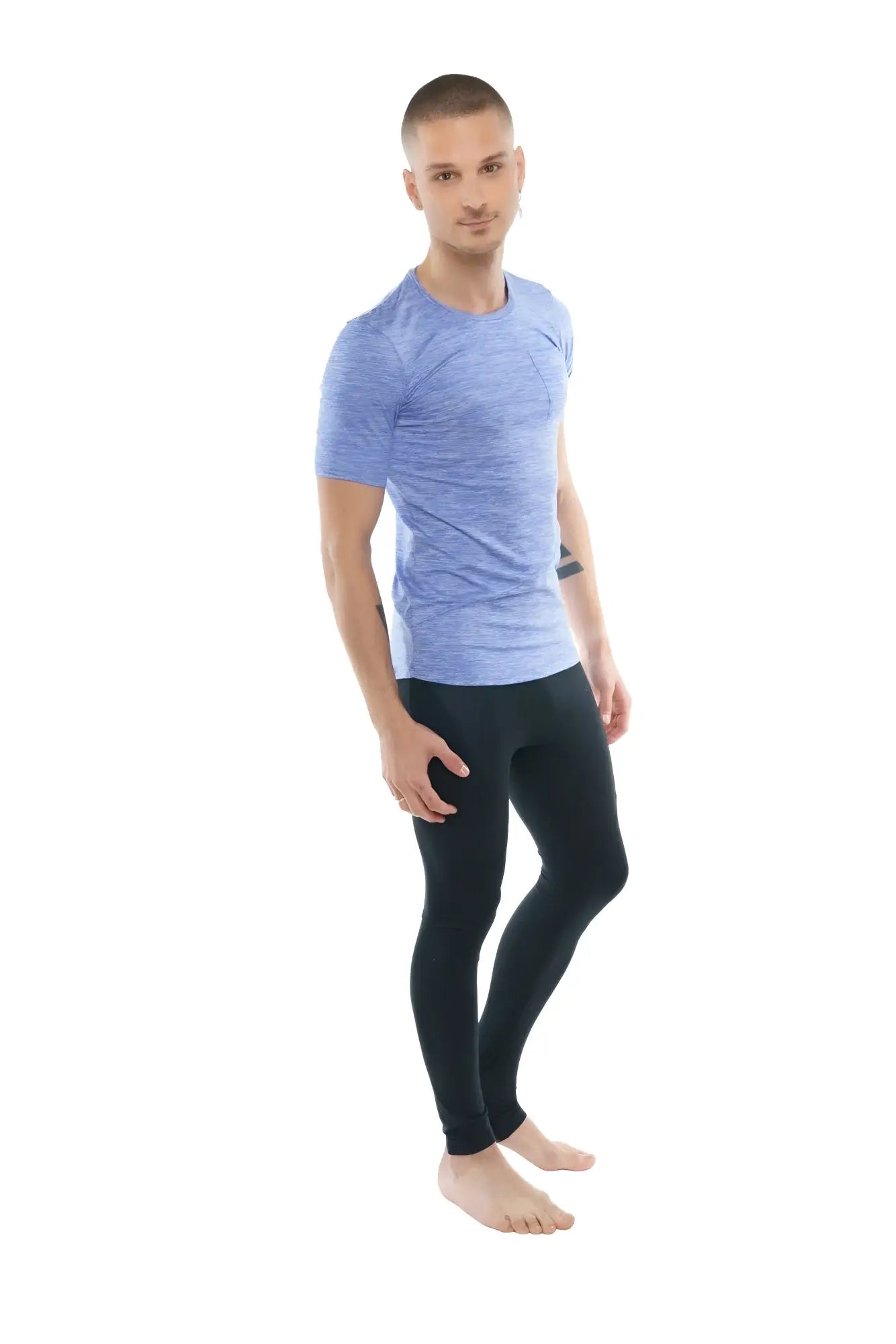 Light blue textured short sleeve athletic shirt with crew neck and pocket in lavender heather fabric