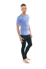 Light blue textured short sleeve athletic shirt with crew neck and pocket in lavender heather fabric