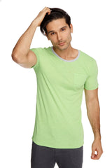 Light green lime slub short-sleeved t-shirt with gray ribbed crew neckline and single chest pocket perfect for casual wear