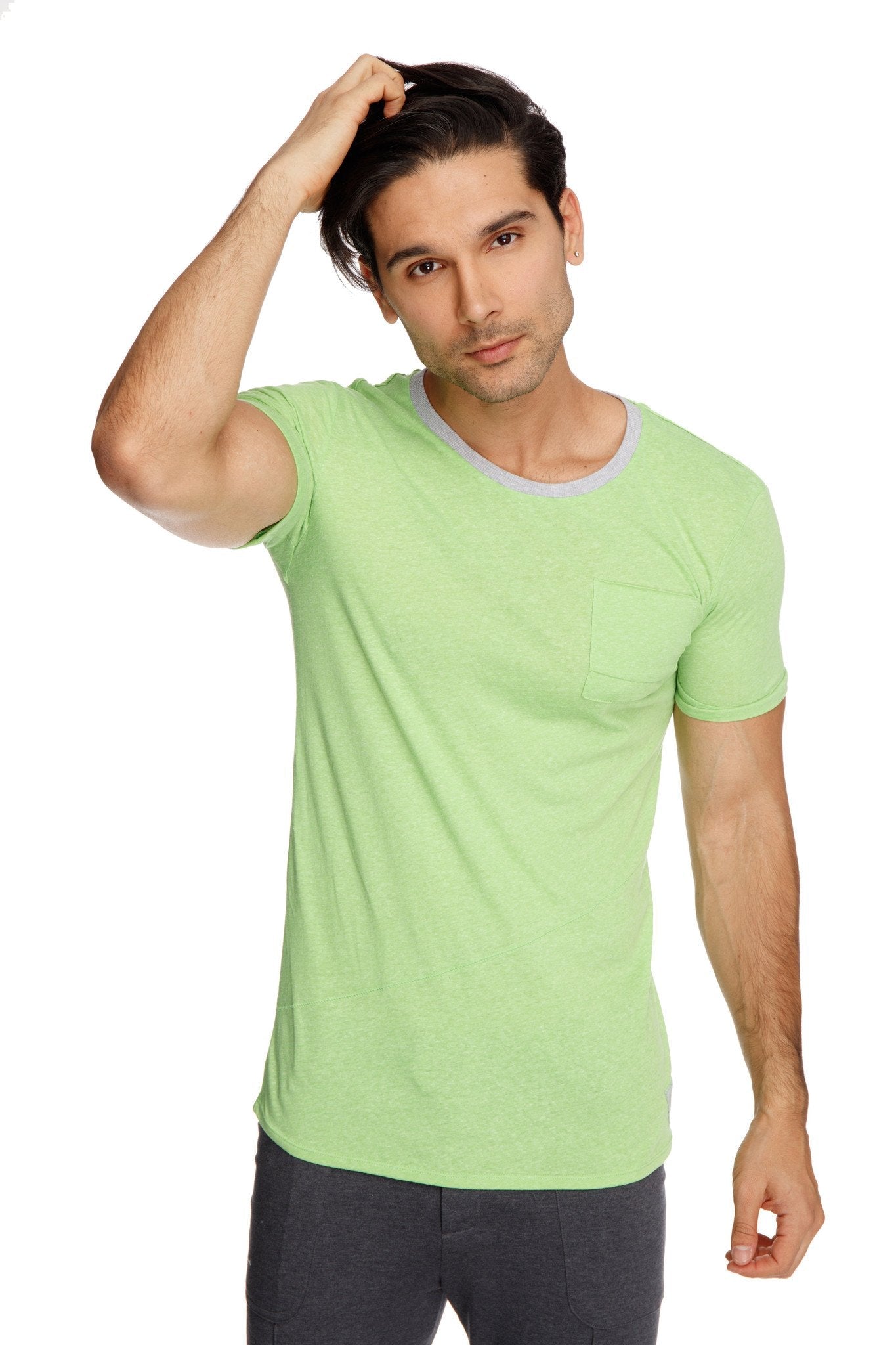 Light green lime slub short-sleeved t-shirt with gray ribbed crew neckline and single chest pocket perfect for casual wear