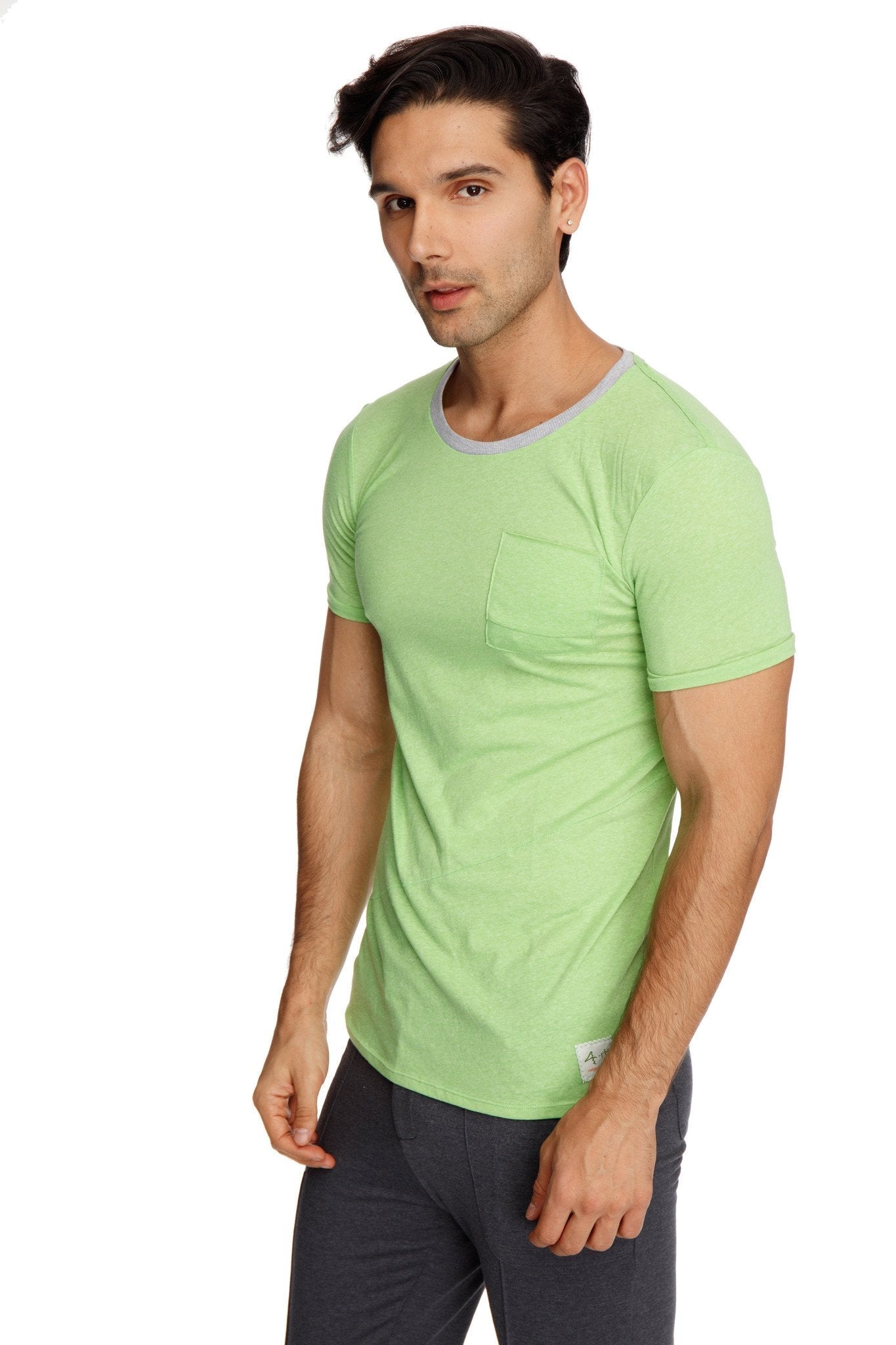 Light green slub short-sleeved t-shirt with gray ribbed crew neck and left chest pocket perfect for casual wear