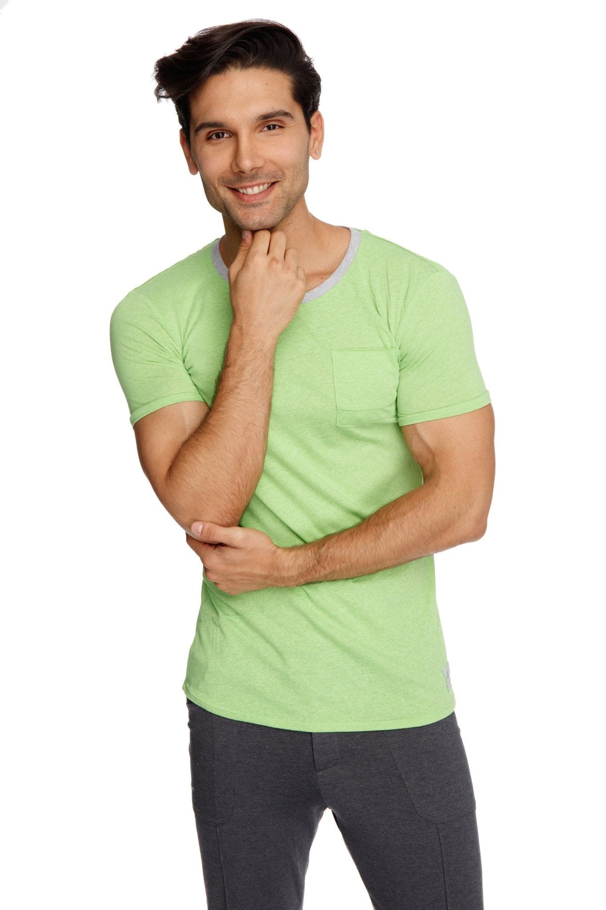 Light green perfect pocket crew-neck tee with gray trim around neckline and chest pocket in lime slub fabric