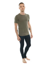 Olive green short-sleeved athletic t-shirt with subtle textured panels and perfect pocket crew-neck design