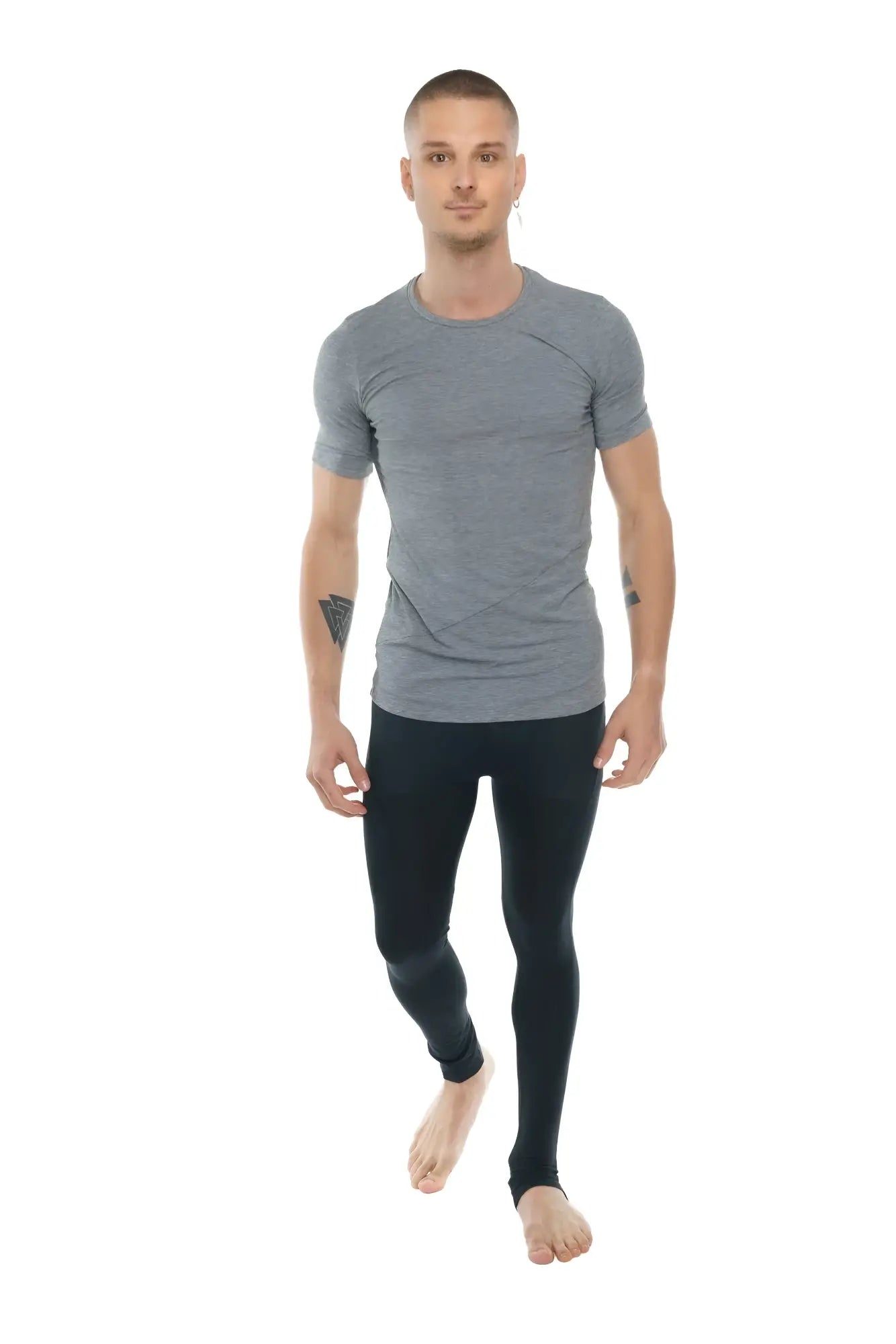 Gray steel heather short-sleeved athletic t-shirt with subtle heathered texture and ribbed crew neckline