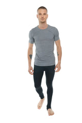 Gray steel heather short-sleeved athletic t-shirt with subtle heathered texture and ribbed crew neckline