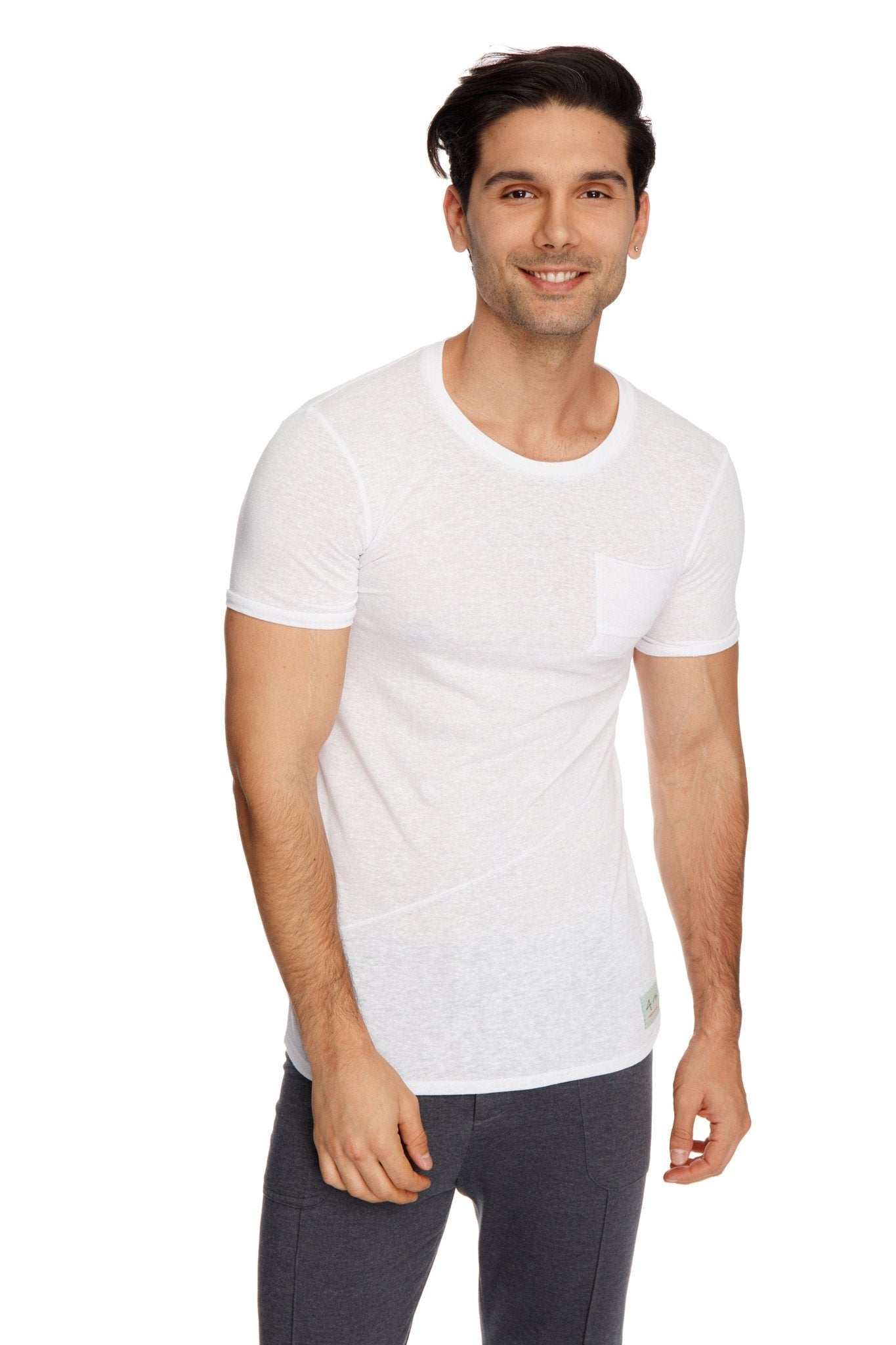 White slub perfect pocket crew neck tee featuring a small chest pocket made of soft cotton material