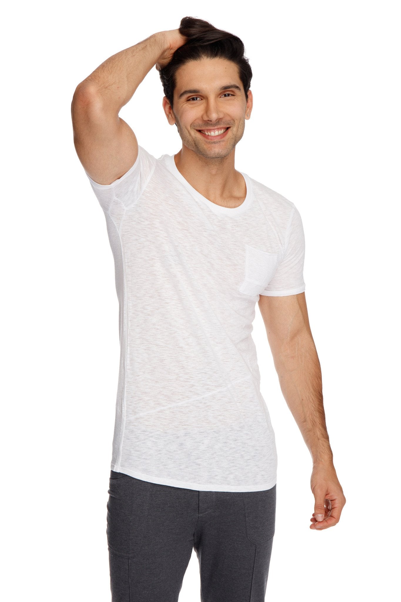 White textured cotton perfect pocket crew neck tee with subtle left chest pocket in white slub material
