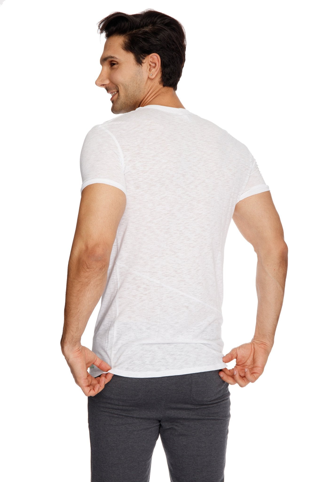 White slub perfect pocket crew-neck tee with short sleeves and subtle textured fabric for casual wear