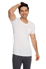 White textured cotton perfect pocket crew neck tee with subtle left chest pocket in white slub material