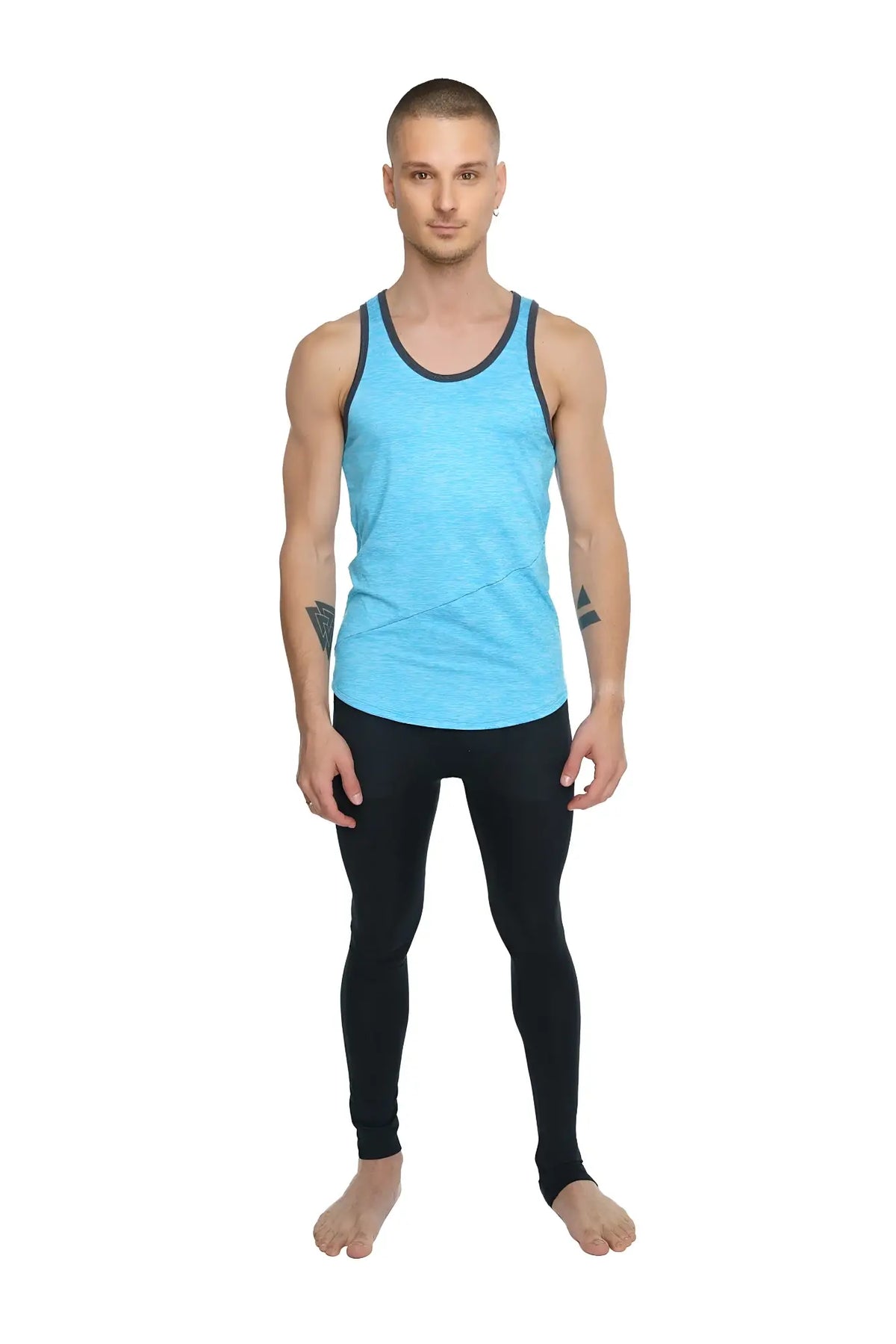 Light blue athletic tank top with black trim and subtle diagonal stitching for performance and comfort