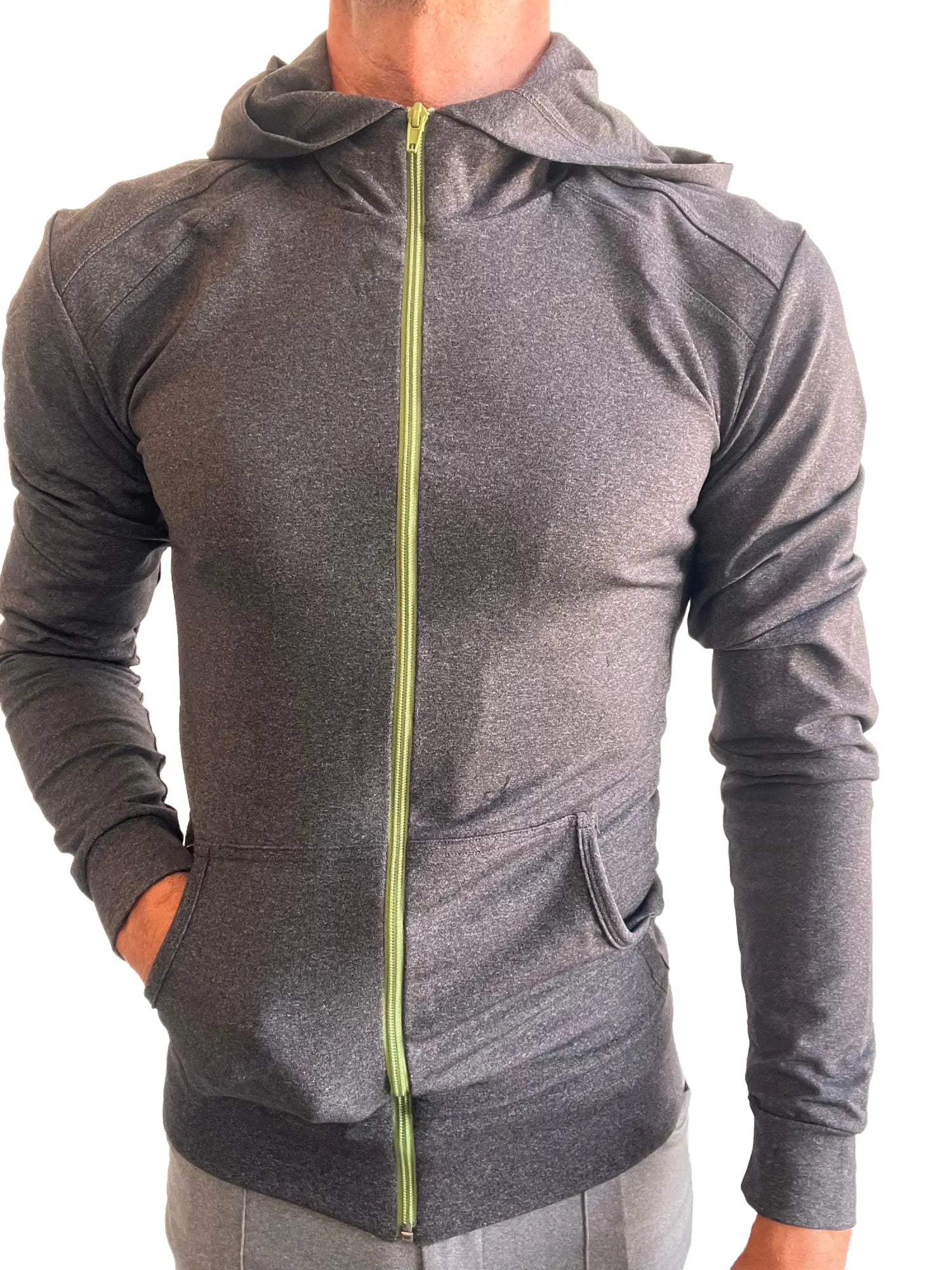 Performance premium form-fit crossover yoga track hoodie in charcoal heather with lime green zipper and front pockets