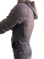Performance premium form-fit crossover yoga track hoodie in dark heather gray with textured fabric
