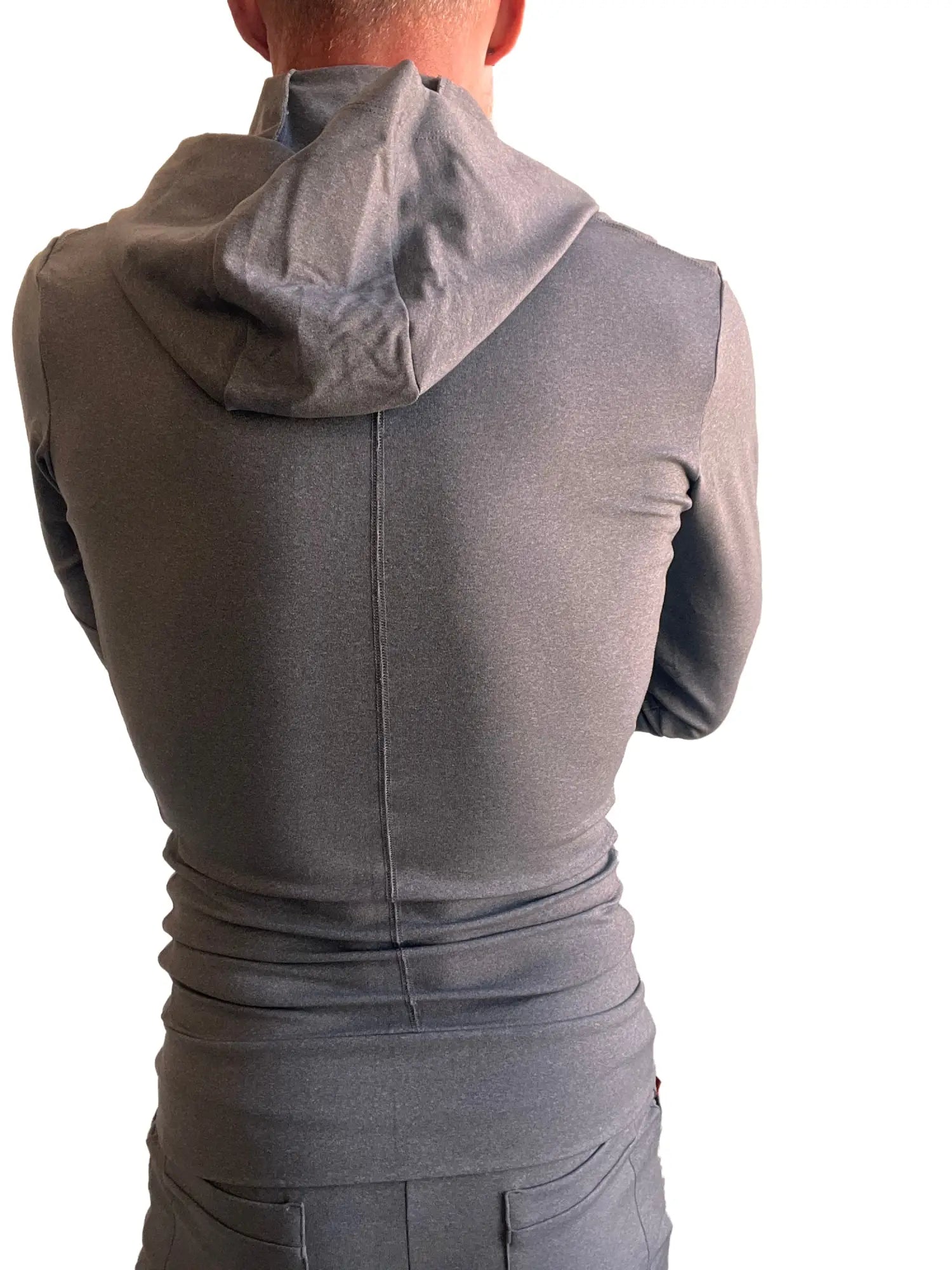 Back view of a gray sleeveless performance hoodie with fitted ribbed back and subtle seam detailing for yoga and track