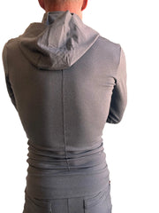 Back view of a gray sleeveless performance hoodie with fitted ribbed back and subtle seam detailing for yoga and track