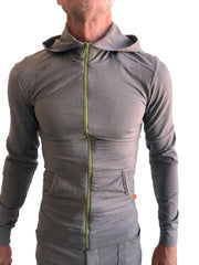 Performance premium form-fit crossover yoga track hoodie in dark gray heather with neon green zipper and seam detailing