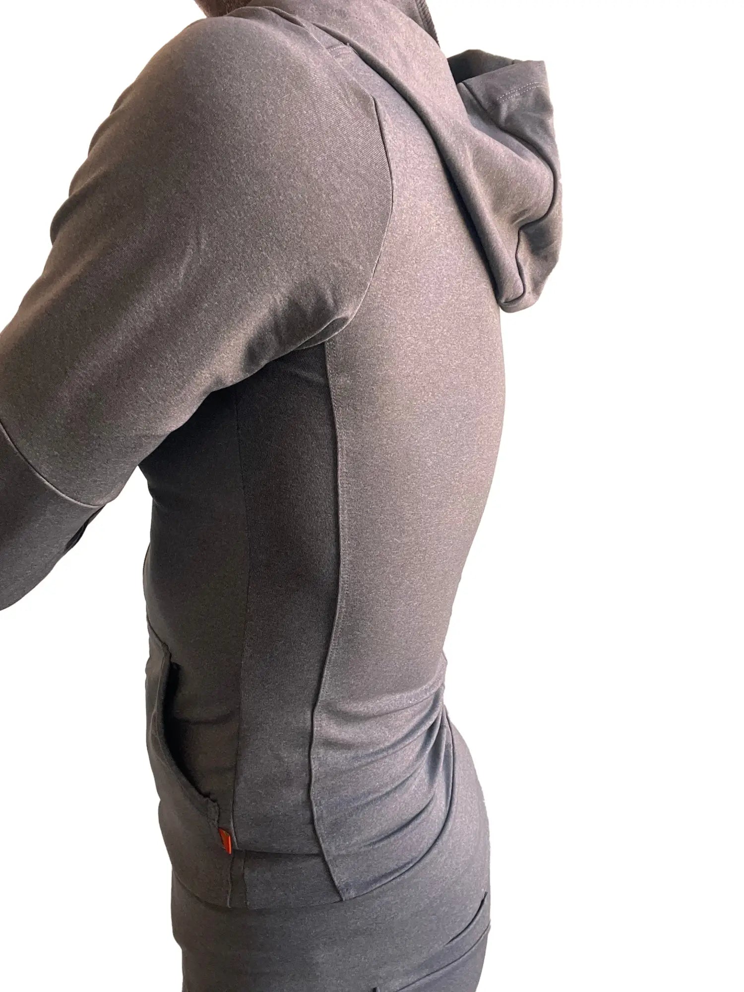 A sleek dark gray heather performance premium form-fit crossover yoga track hoodie with fitted silhouette