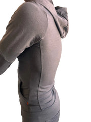 A sleek dark gray heather performance premium form-fit crossover yoga track hoodie with fitted silhouette