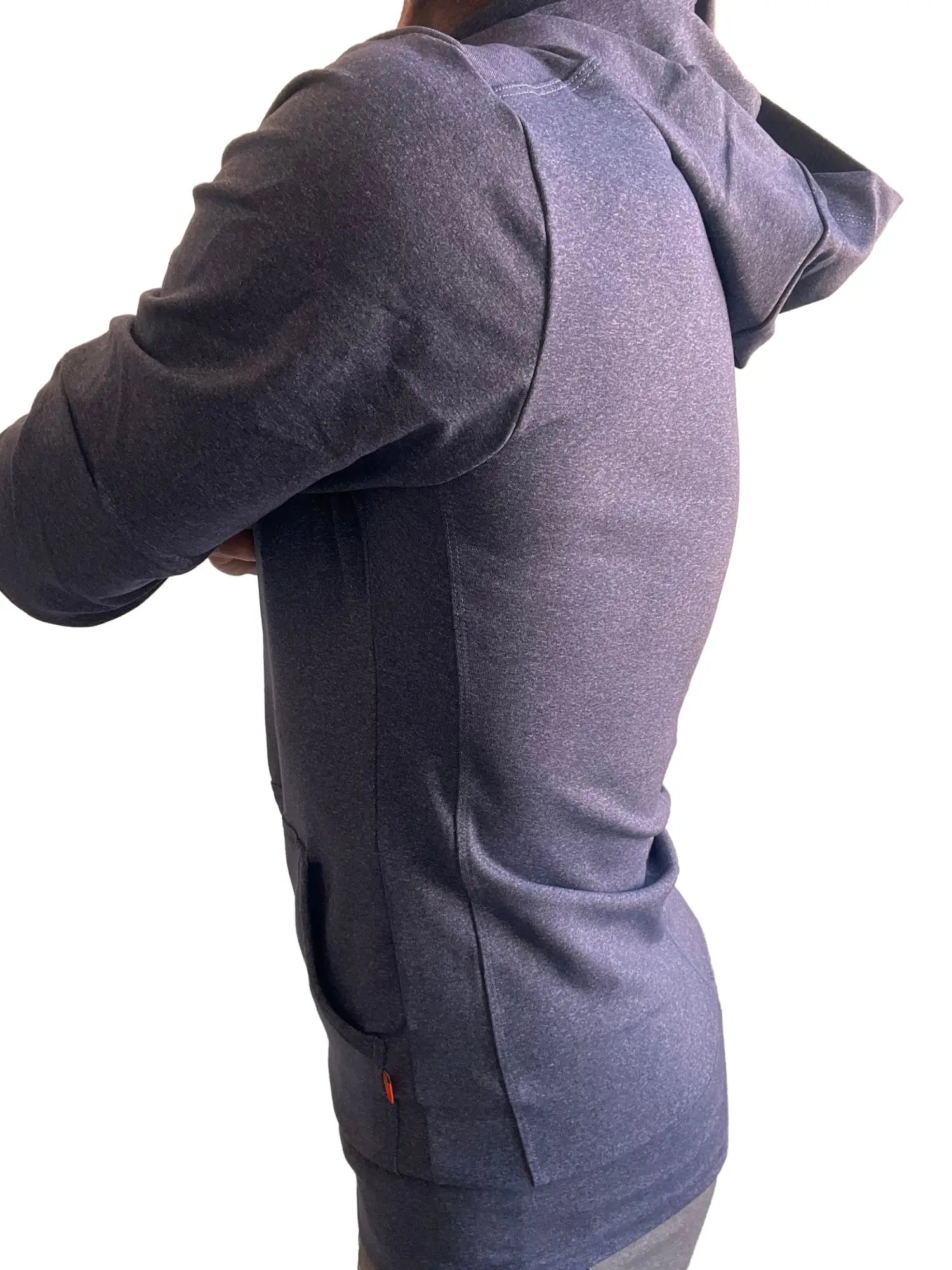 Performance premium form-fit crossover yoga track hoodie in navy blue heather with subtle texture and side pockets
