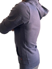Performance premium form-fit crossover yoga track hoodie in navy blue heather with subtle texture and side pockets