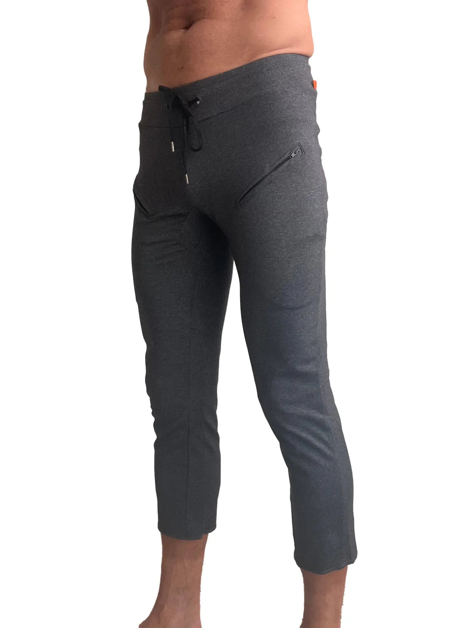 Performance premium mens charcoal heather jogger pants with drawstring waist and zippered side pockets