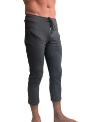 Dark gray heathered performance mens capri yoga pants with black drawstring waistband and side pockets
