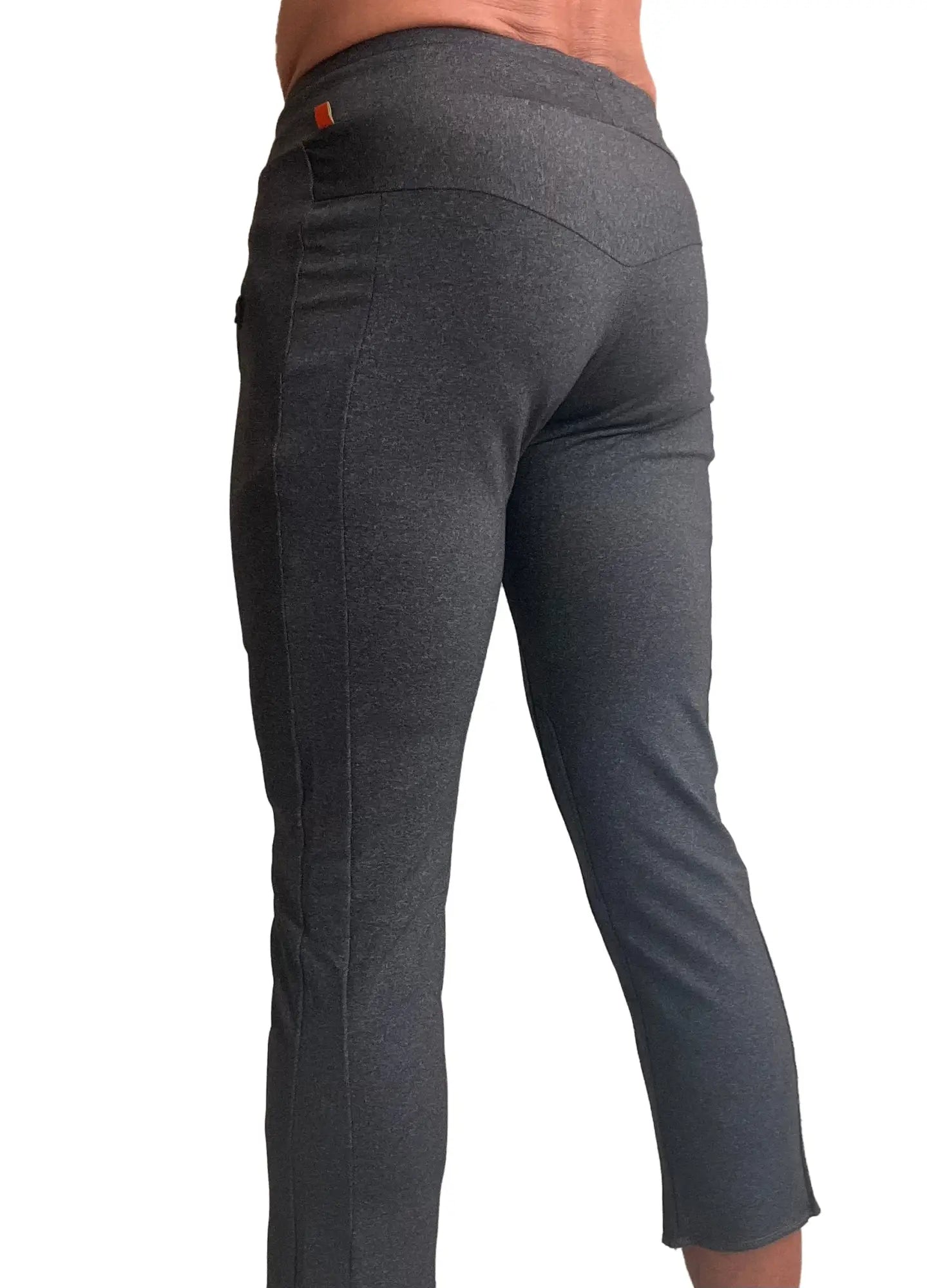 Performance premium mens charcoal heather snug fit leggings with orange brand tag at waistband