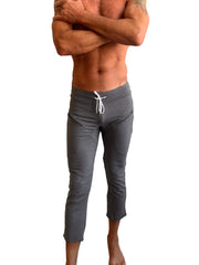 Performance premium mens dark grey heather capri yoga pants with white drawstring waistband and side pockets