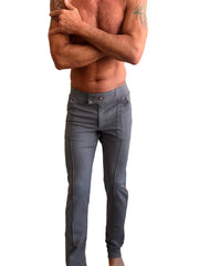 Gray slim-fit performance tactical urban dress pant with button closure front pockets in dark grey heather