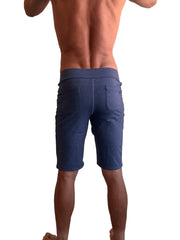 Performance premium urban tactical dress shorts navy blue heather back side showing elastic waistband and two pockets