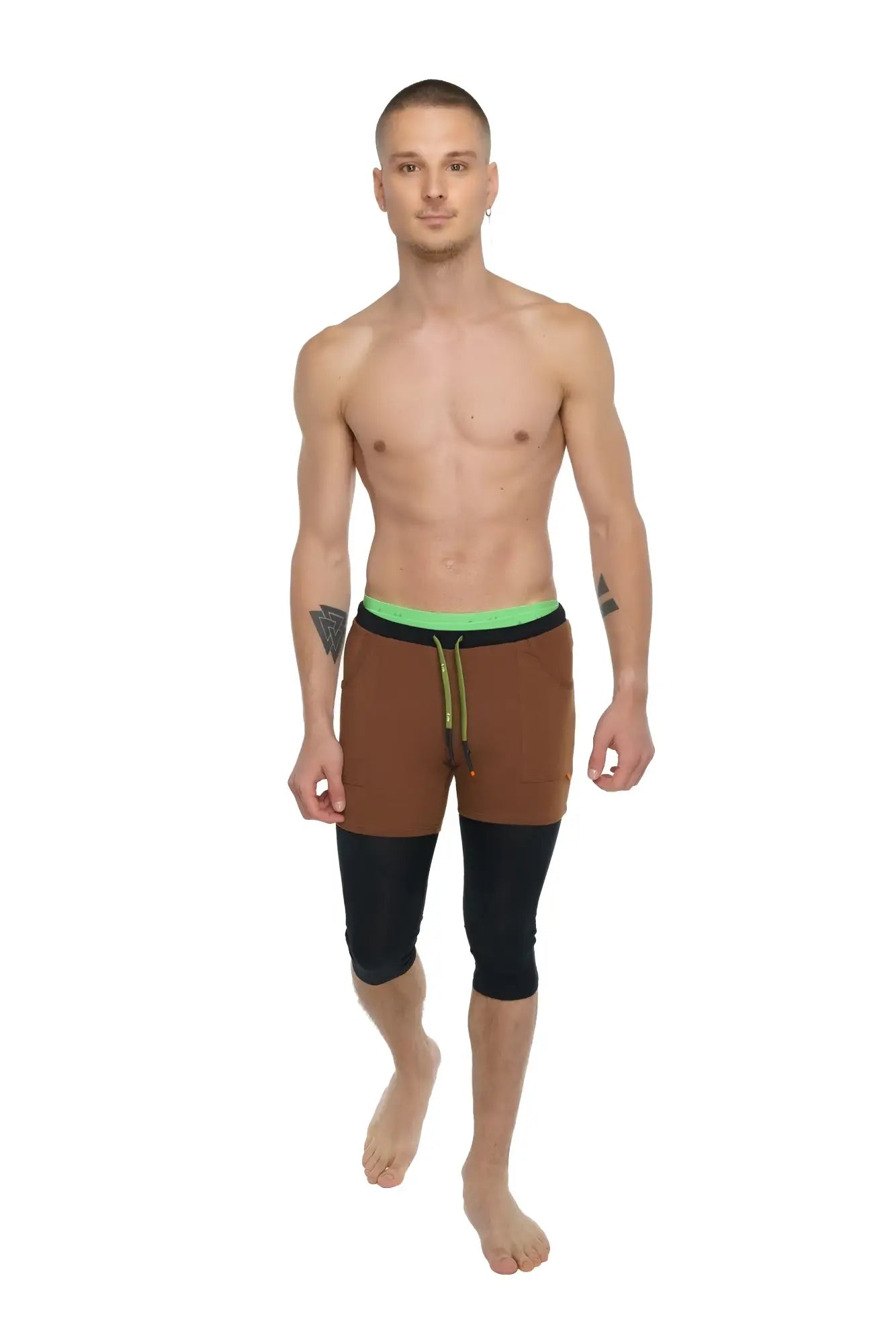 Brown and black two-tone 3/4 performance yoga leggings with neon green waistband in carbon black for athletic use