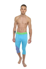 Performance yoga leggings 3/4 in light blue with vibrant green waistband and subtle purple gradient side detailing