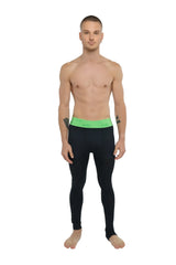 Black calvin klein performance yoga leggings long in carbon black with a bright green waistband shown from the front
