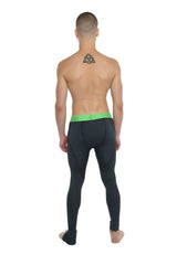 Black performance yoga leggings with a bright green waistband in charcoal heather for long lasting comfort