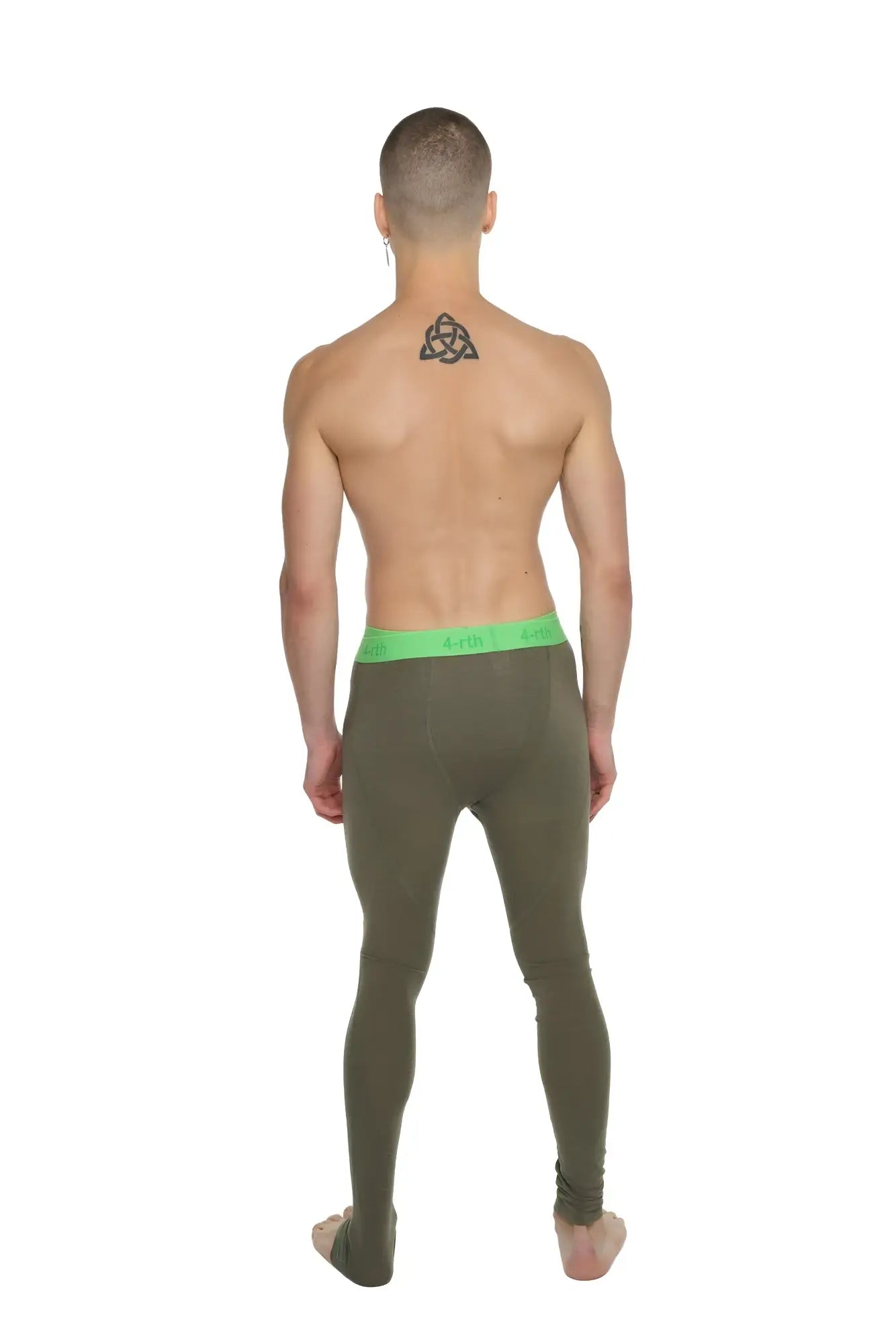 Performance yoga leggings long in olive green with bright neon green waistband designed for compression and flexibility