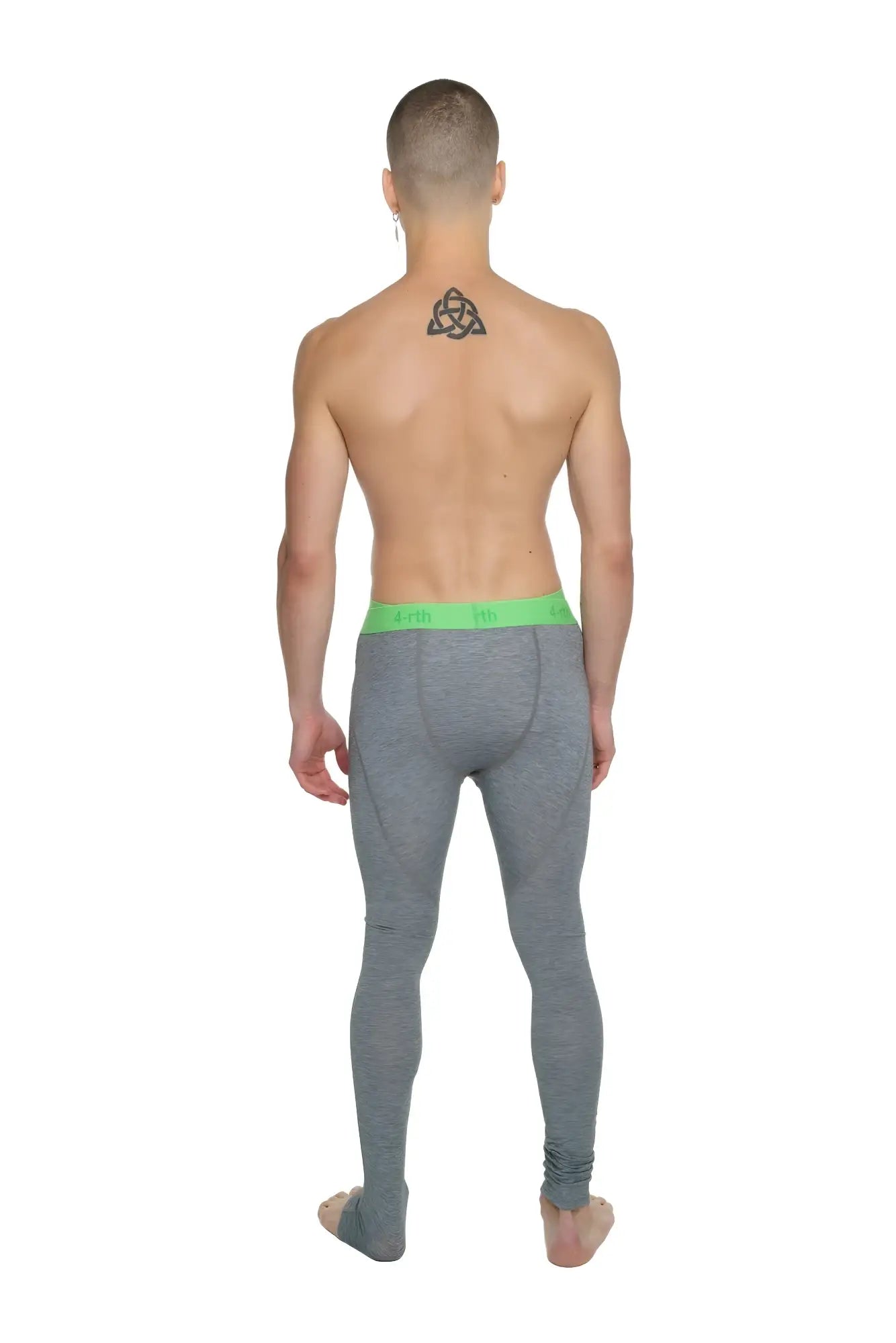 Gray performance yoga leggings long steel heather with a bright green waistband designed for athletic use