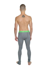 Gray performance yoga leggings long steel heather with a bright green waistband designed for athletic use