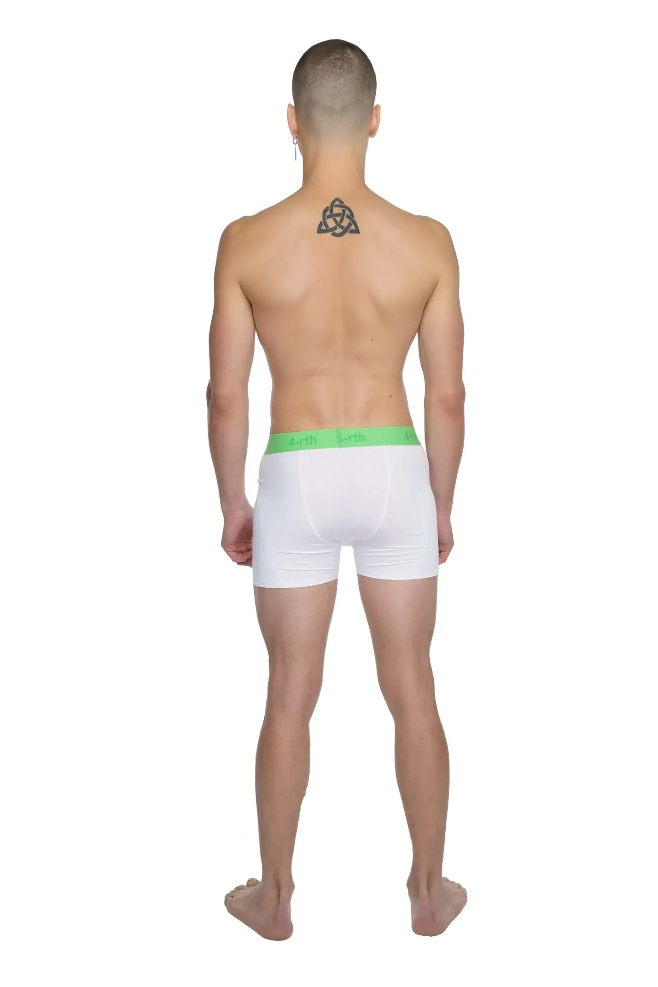 White boxer briefs with bright green elastic waistband designed for performance yoga leggings in arctic white color