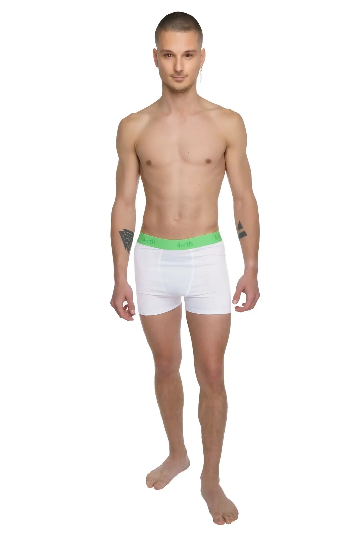 White boxer briefs with a bright green elastic waistband designed for performance and comfort in yoga activities
