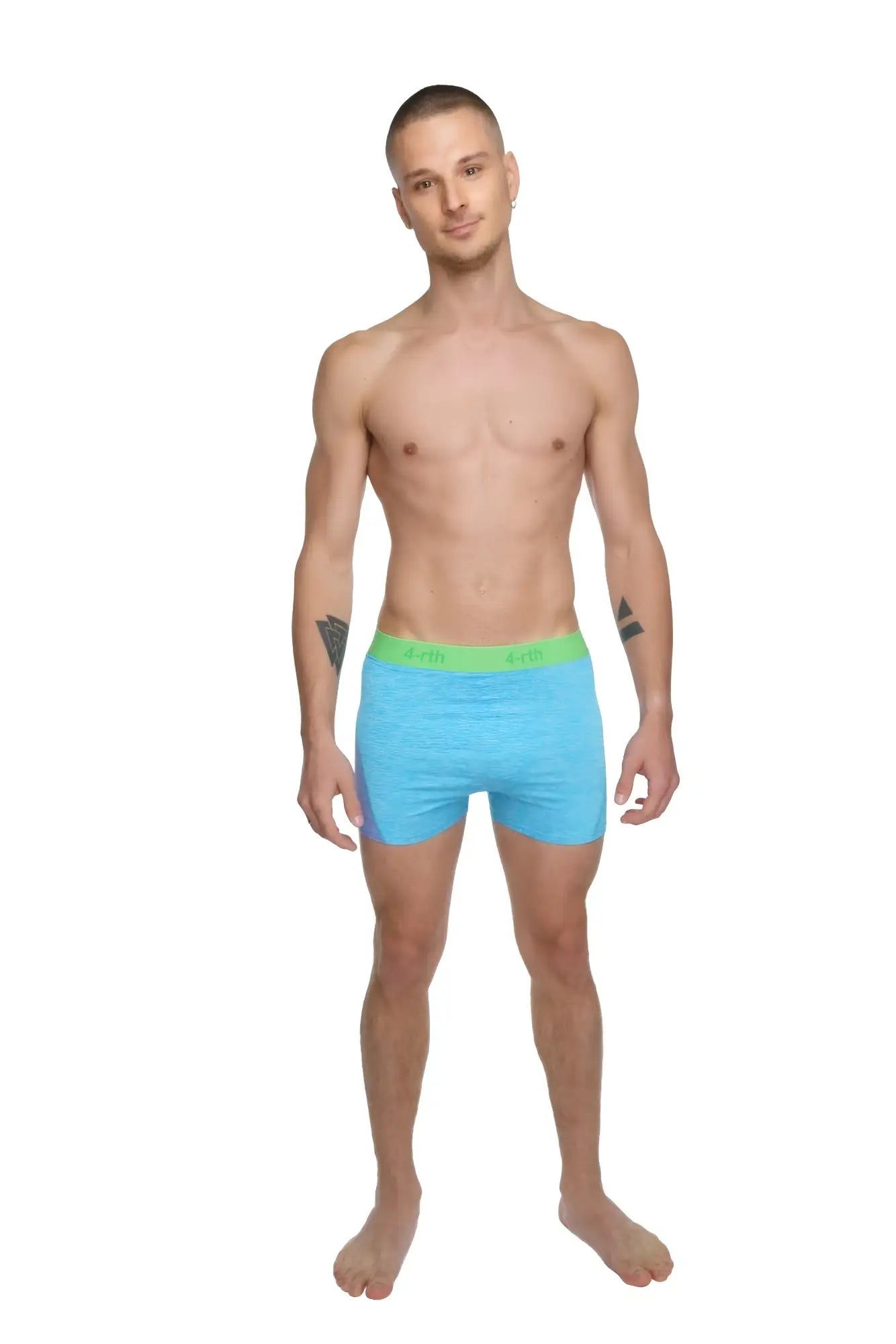Light blue boxer briefs with bright green elastic waistband designed for comfort and performance during yoga workouts