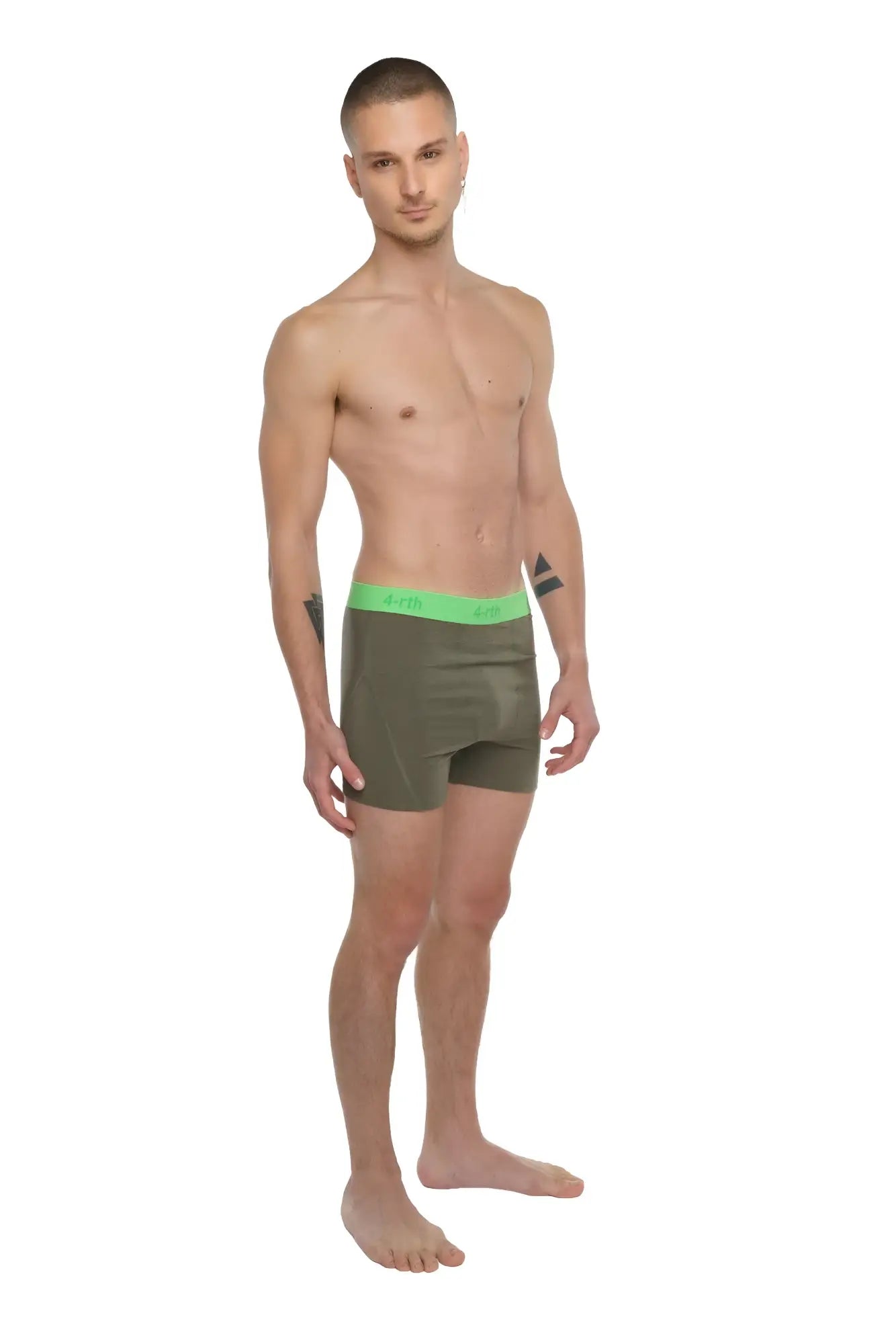 Olive green boxer briefs with bright neon green elastic waistband designed for performance yoga and active wear