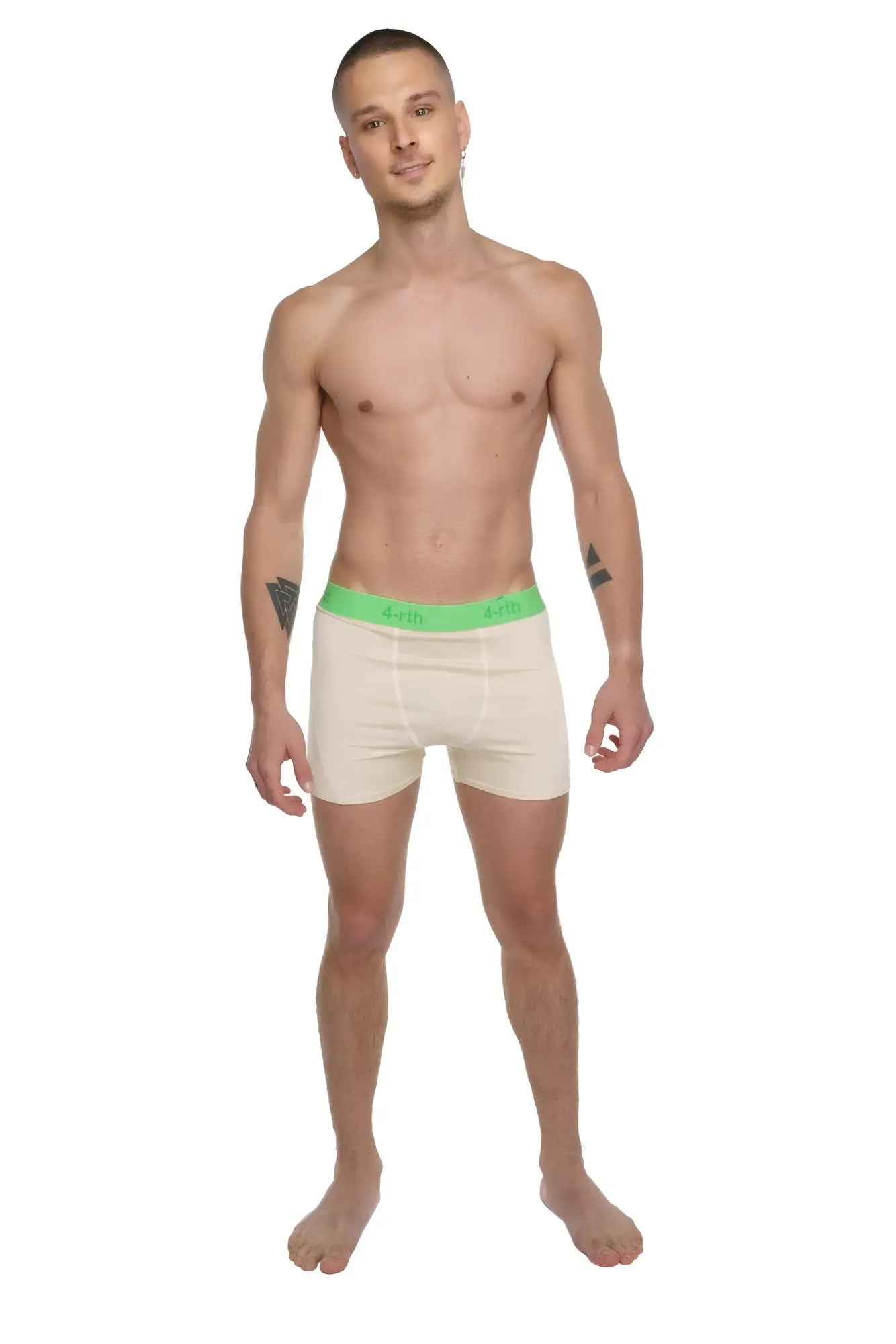 Cream-colored boxer briefs with bright green elastic waistband and brand logo shown from the front
