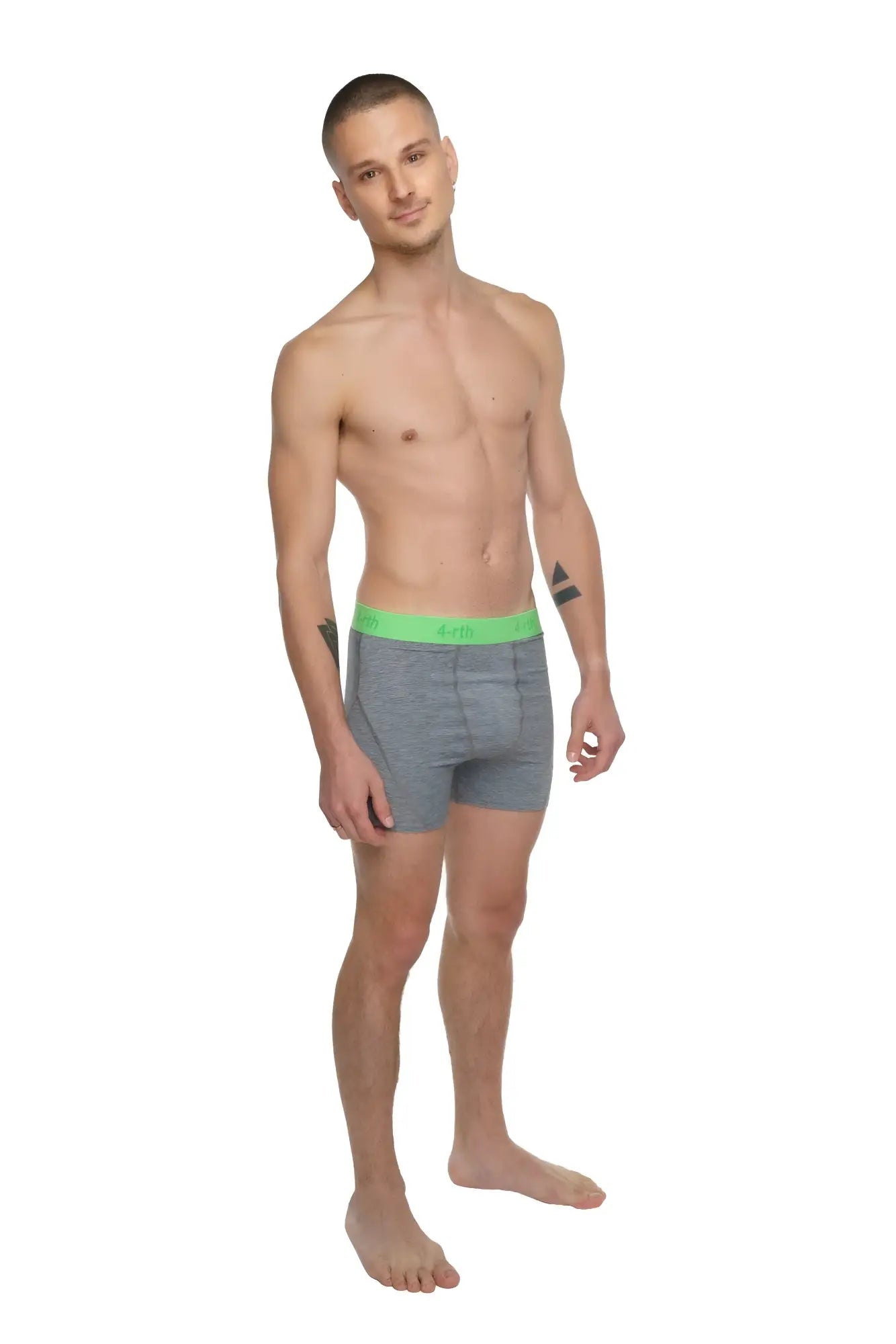 Gray boxer briefs with bright green elastic waistband designed for performance and comfort in steel heather fabric