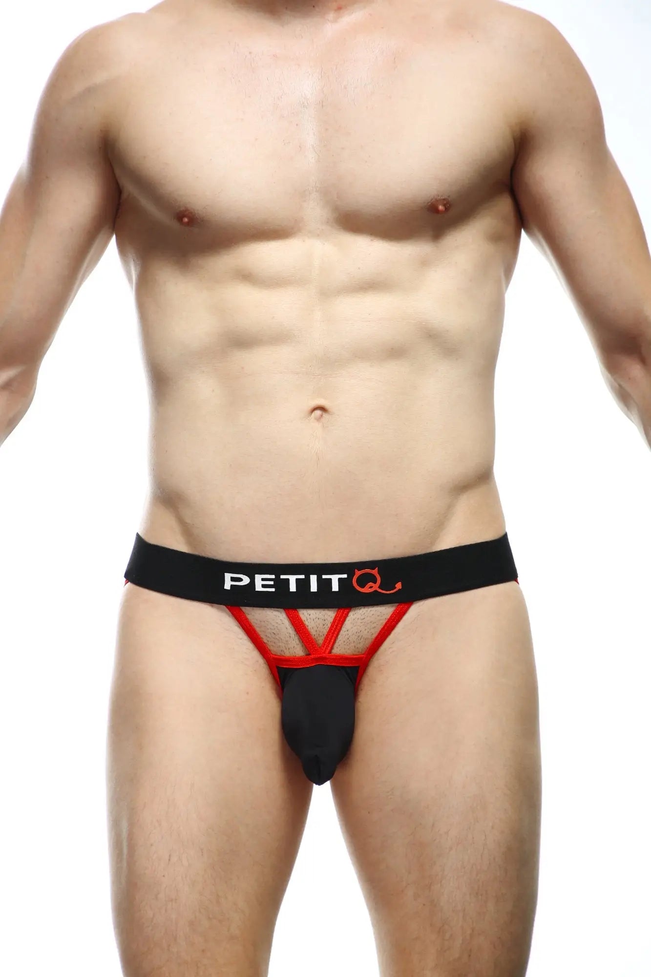 Petitq bikini aissey black black and red mesh petitq thong showing front side with mesh design
