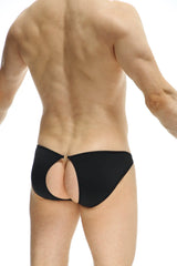 Back view of petitq bikini auxy black black form-fitting briefs with a distinctive cutout and metallic clasp