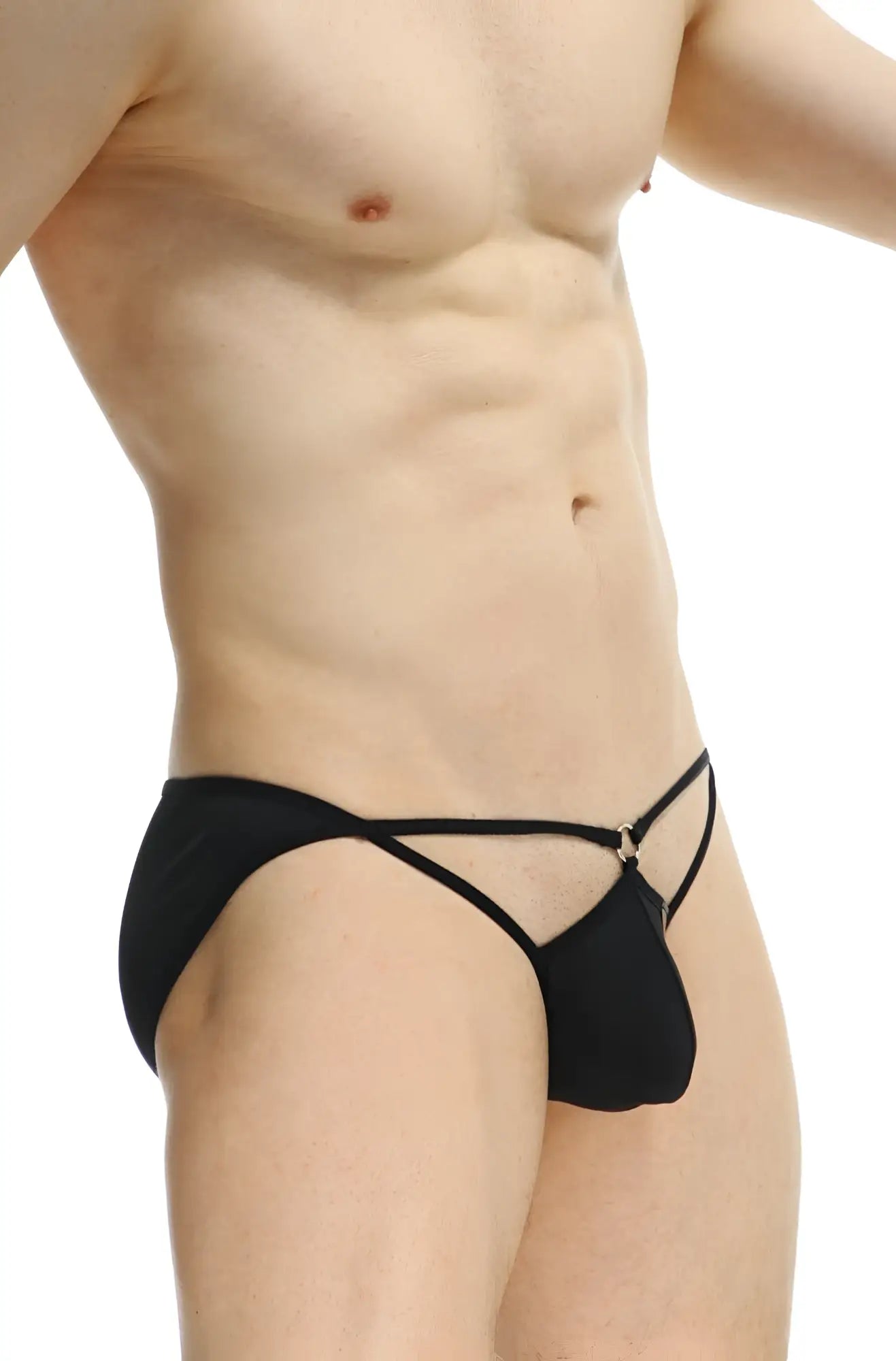 PetitQ bikini auxy black men’s thong with a black form-fitting fabric, crisscross design, and central metallic clasp